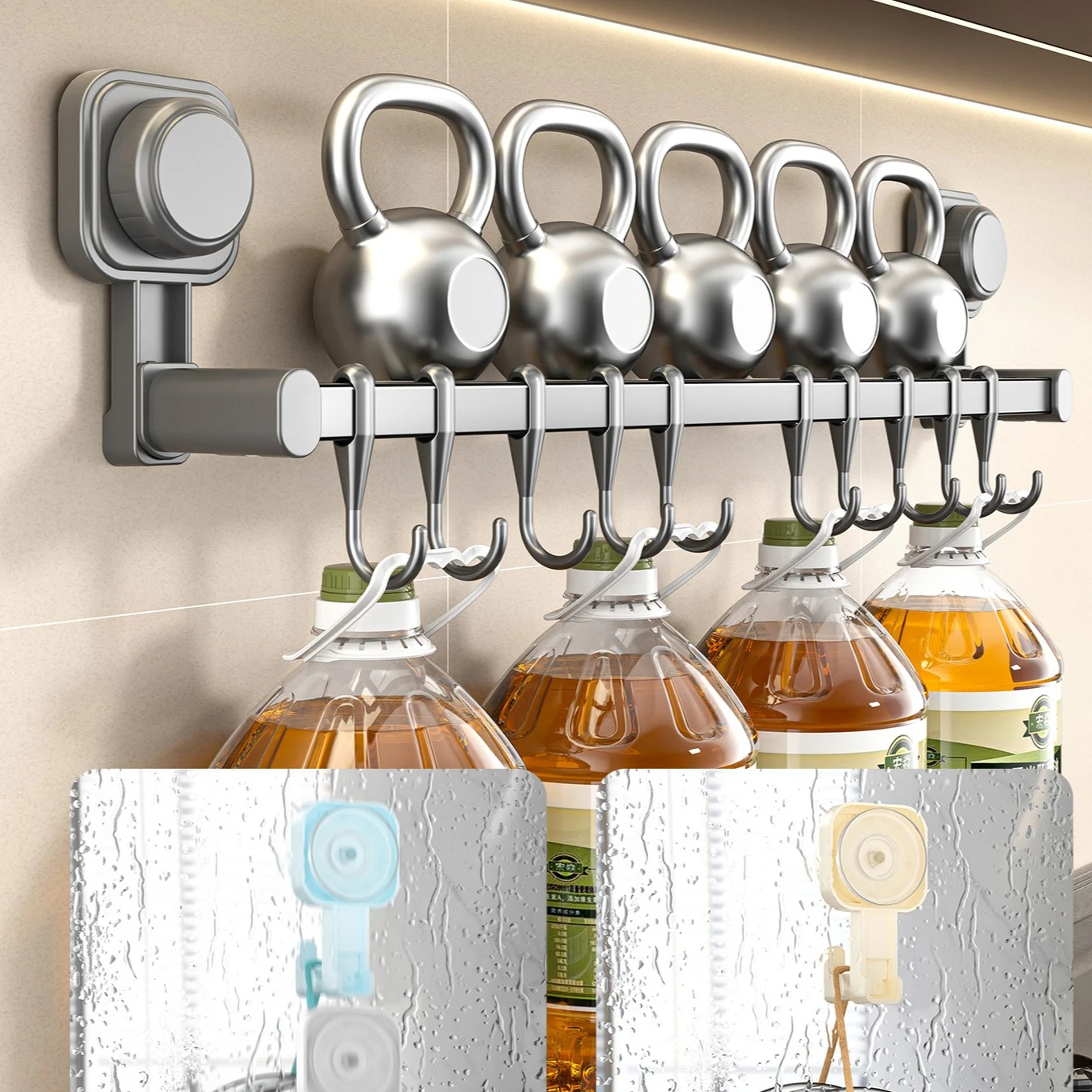 Suction Cup Kitchen Hook Rack No Drilling Storage Rack with Hooks for Pots, Pans, Spoons, Knives  Wall-mounted Storage for Items