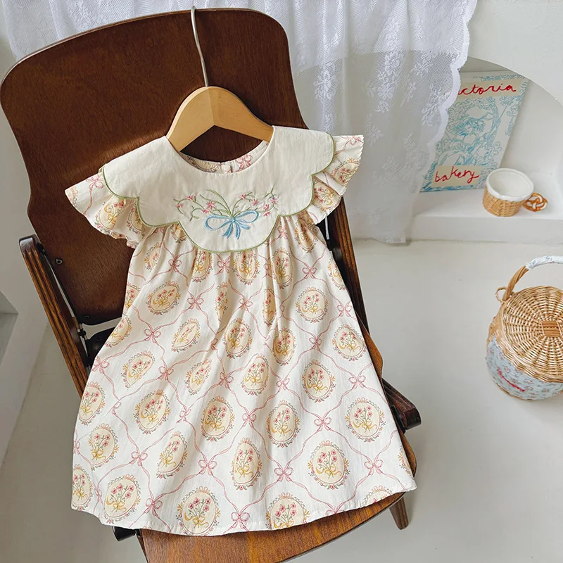 Children\'s Doll Collar Butterfly Flower Embroidered Girls\' Dress 2024 Summer New Korean Style Flying Sleeve Sweet Princess Dress