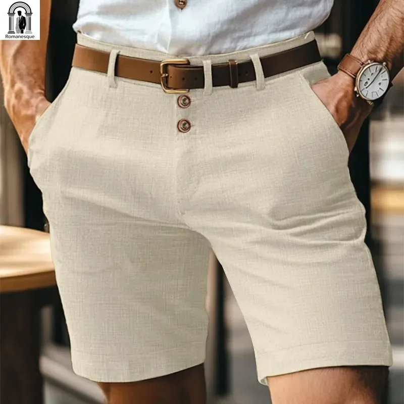 Mens Vintage Stand Pocket Cotton Linen Shorts 2025 Europe Style Casual Beach Short Pants Solid White Triple Buttons Up Hotpants