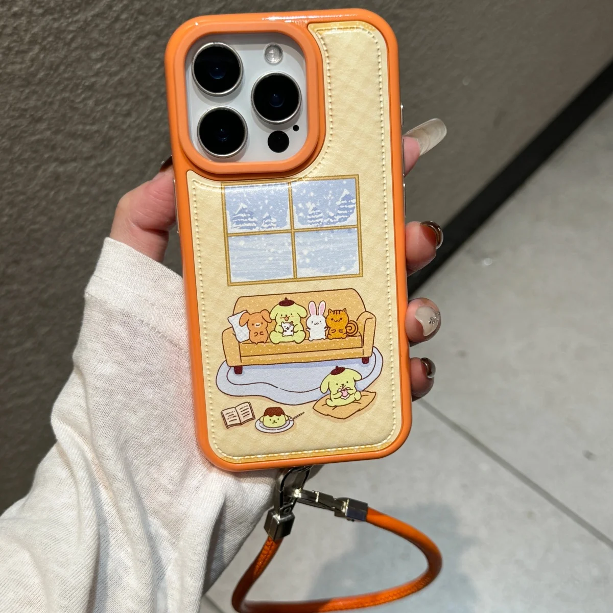 الجلود منقوشة البرتقال بودنغ الكلب مناسبة لحالة هاتف أبل 17 برو ماكس 16 15 14 برو ماكس جراب هاتف مع حبل معلق