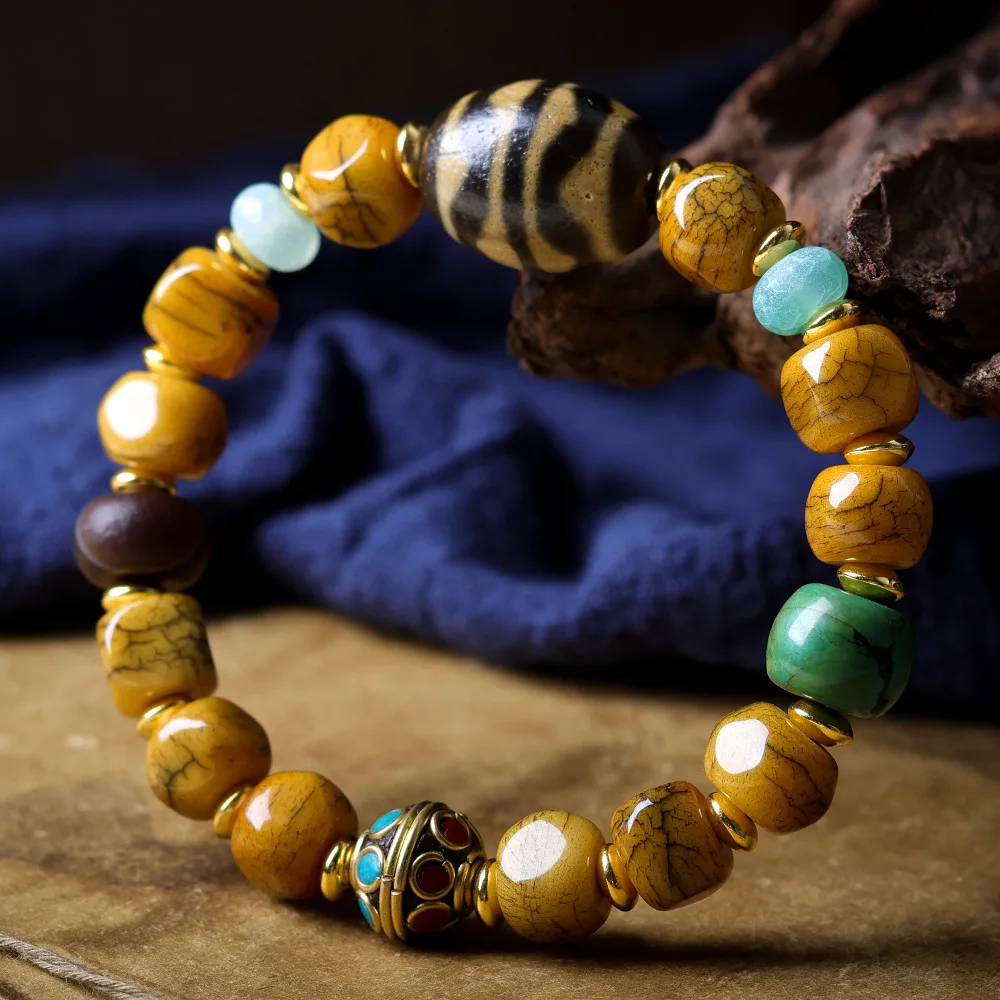 

Tibetan Yak Bone Square Bead Single Loop Bracelet with Double Tiger Tooth Dzi Bead Silk Agate Nepalese Accessories Gifts