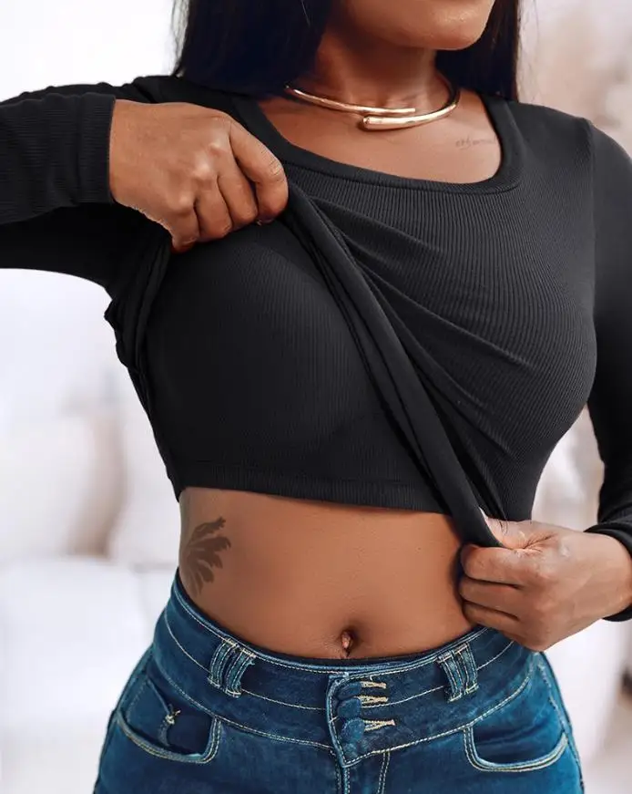 Langärmliges, integriertes BH-Shirt mit U-Ausschnitt, lässiges, nahtloses Slim-Fit-Oberteil, neue Damenbekleidung für Herbst und Winter 2025