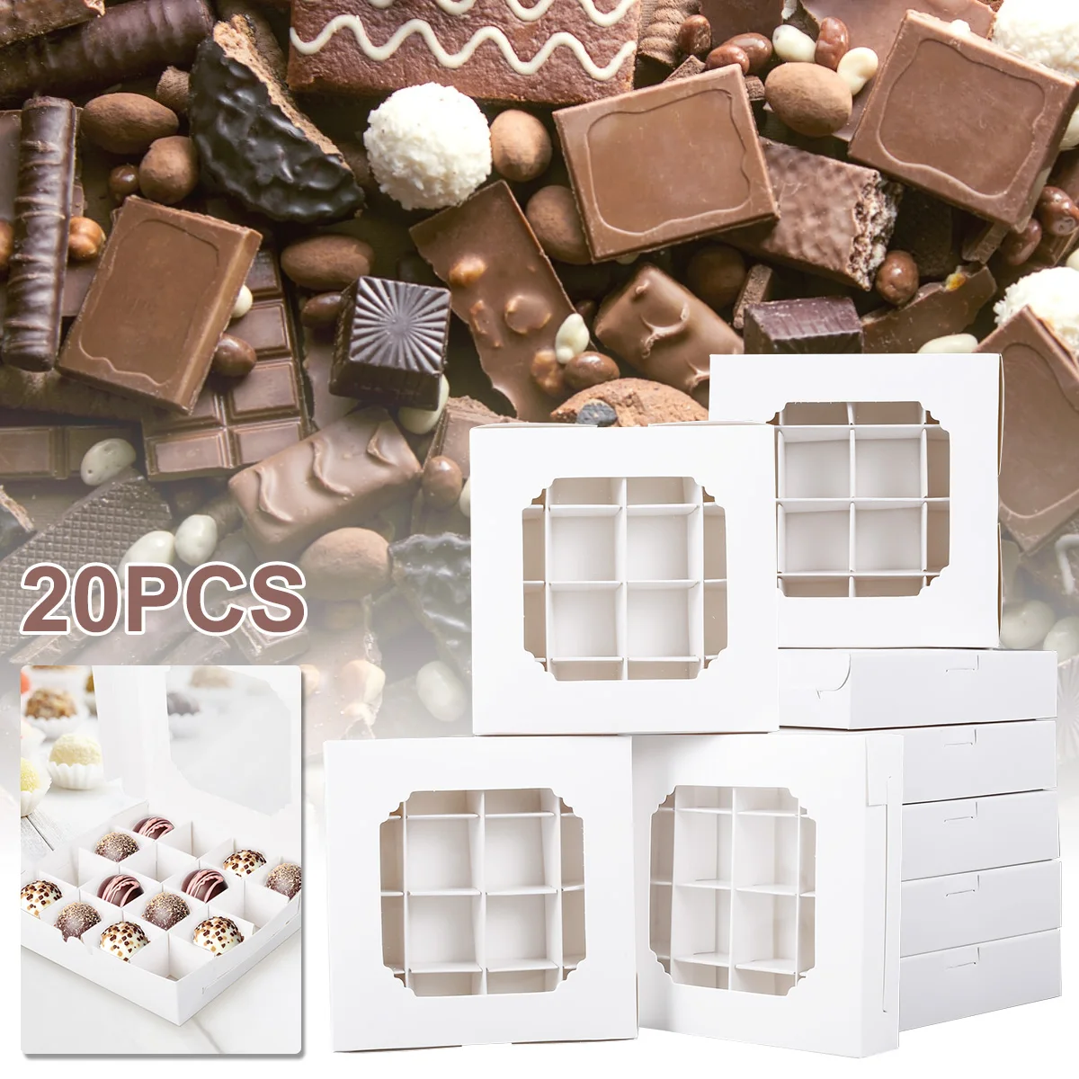 20/40pcs Empty White Pick And Mix Sweet Boxes With Inserts Clear Window And Divider For Chocolate Sweet 16-Compartments Boxes