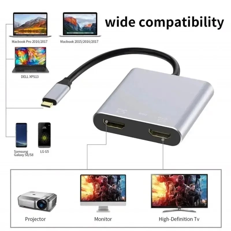 HDMI Splitter Usb C To Dual HDMI Adapter 4K HD Hub 60W Compatible with HDM Converter Cable for Macbook Samsung Galaxy Converters