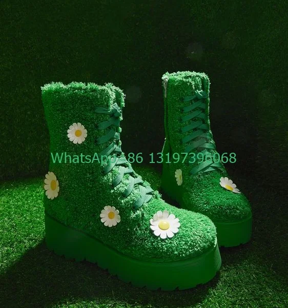 Lady Daisy Curly Green Fur Ankle Lace-Up Boots Yellow Flower Platform Ankle Boots Side Zip Fur Runway Sports Boots Footwear Size