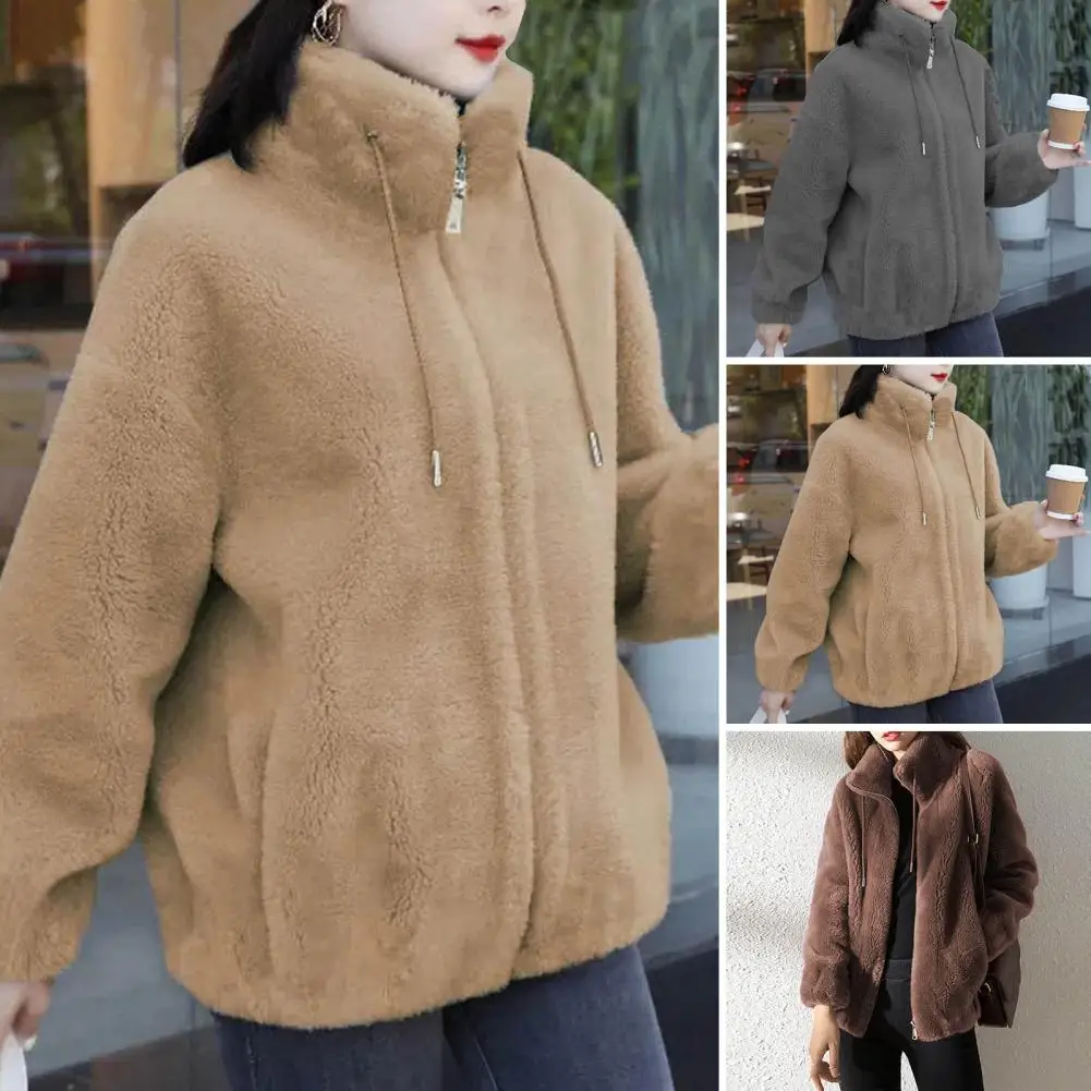 Abrigo de lana con cremallera para mujer, cárdigan cálido de felpa con cuello levantado, solapa con cordón, elegante, Invierno