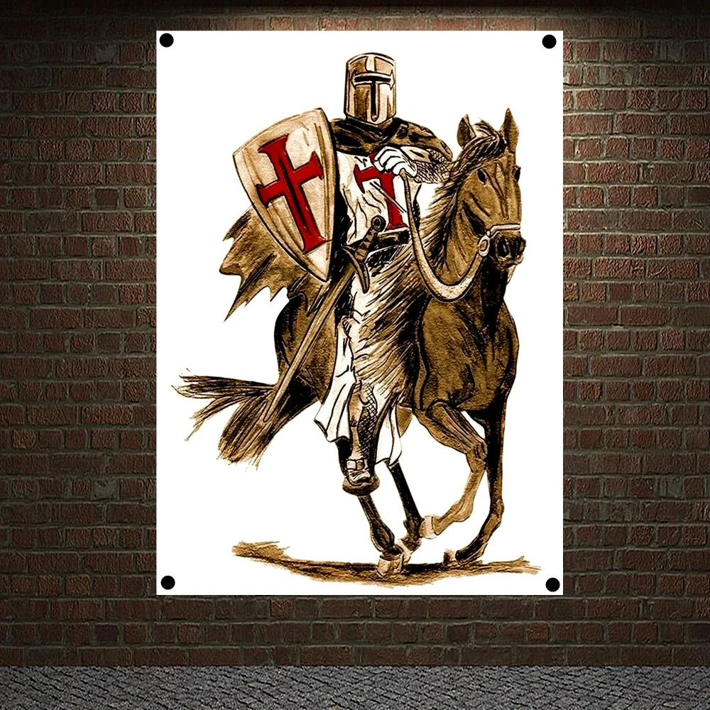 Medieval Warrior Military Banners Flags Vintage Knights Templar on Horse Posters Canvas Painting Wall Hanging Home Decoration