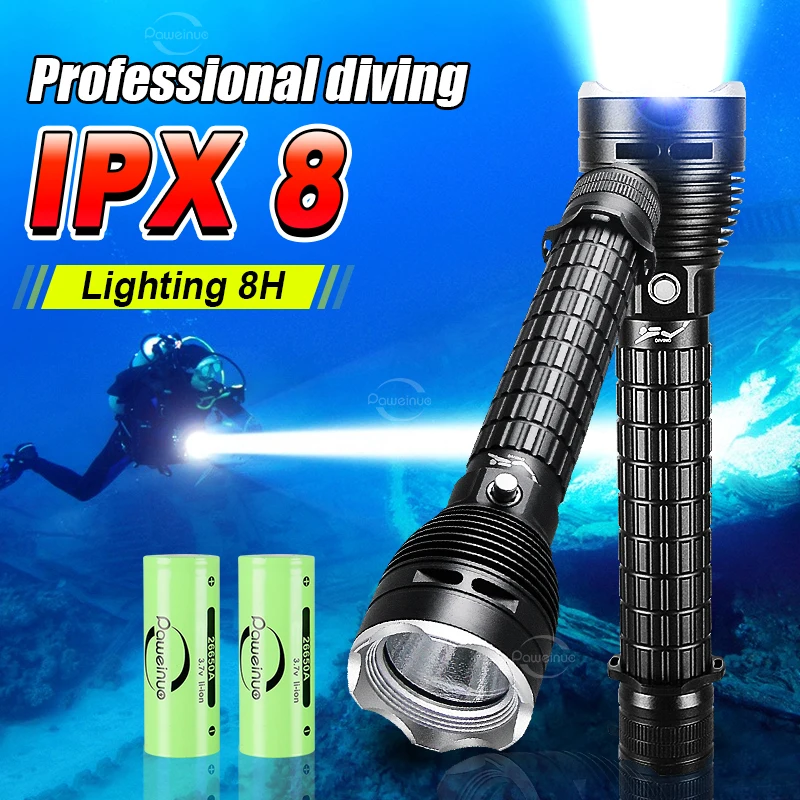 

2024 Newest XHP70 Diving Flashlight Rechargeable Diving Torch IPX8 Waterproof Led Torch White Light Underwater 500m Flashlight