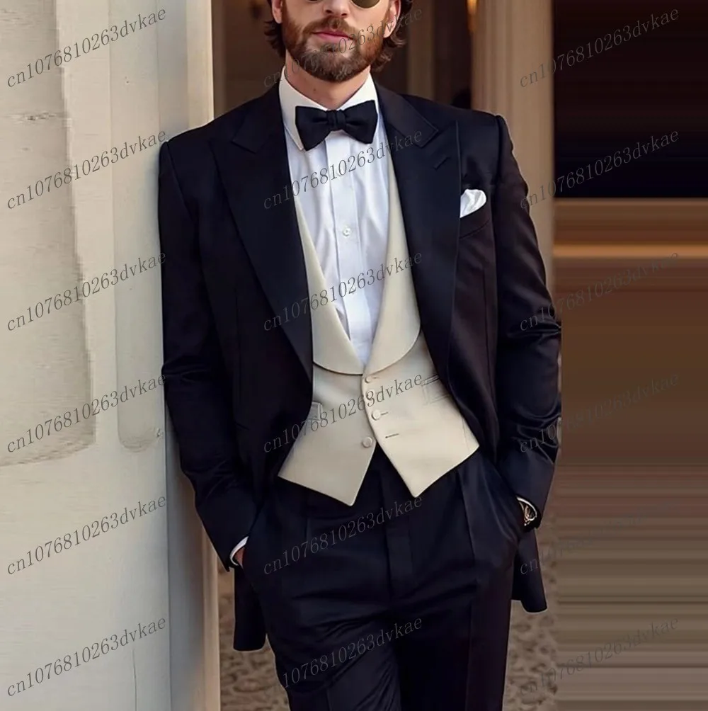 

New Black And Ivory Men Suit Wedding Party Formal Groom Groomsman Prom Business Male Tuxedos 3 Piece Set Jacket Vest Pants