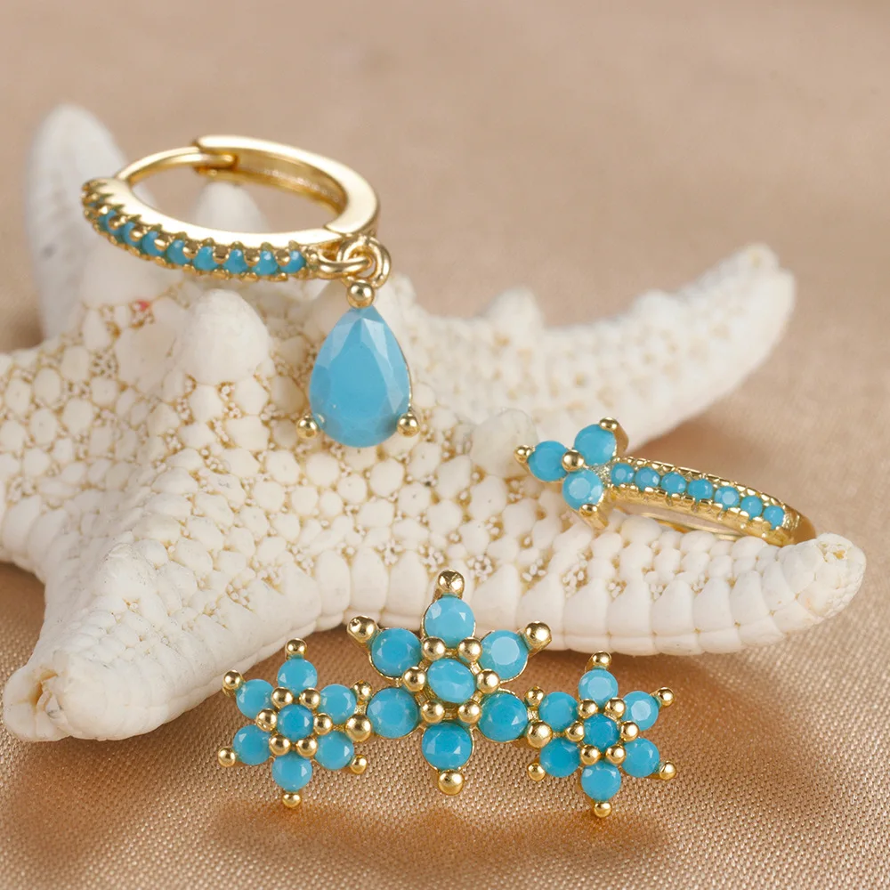 ชุดต่างหูห่วงสแตนเลส3ชิ้นสำหรับผู้หญิงต่างหูแบบเจาะสีฟ้าเพชรสังเคราะห์สีทองเครื่องประดับแบบเจาะกระดูกอ่อน