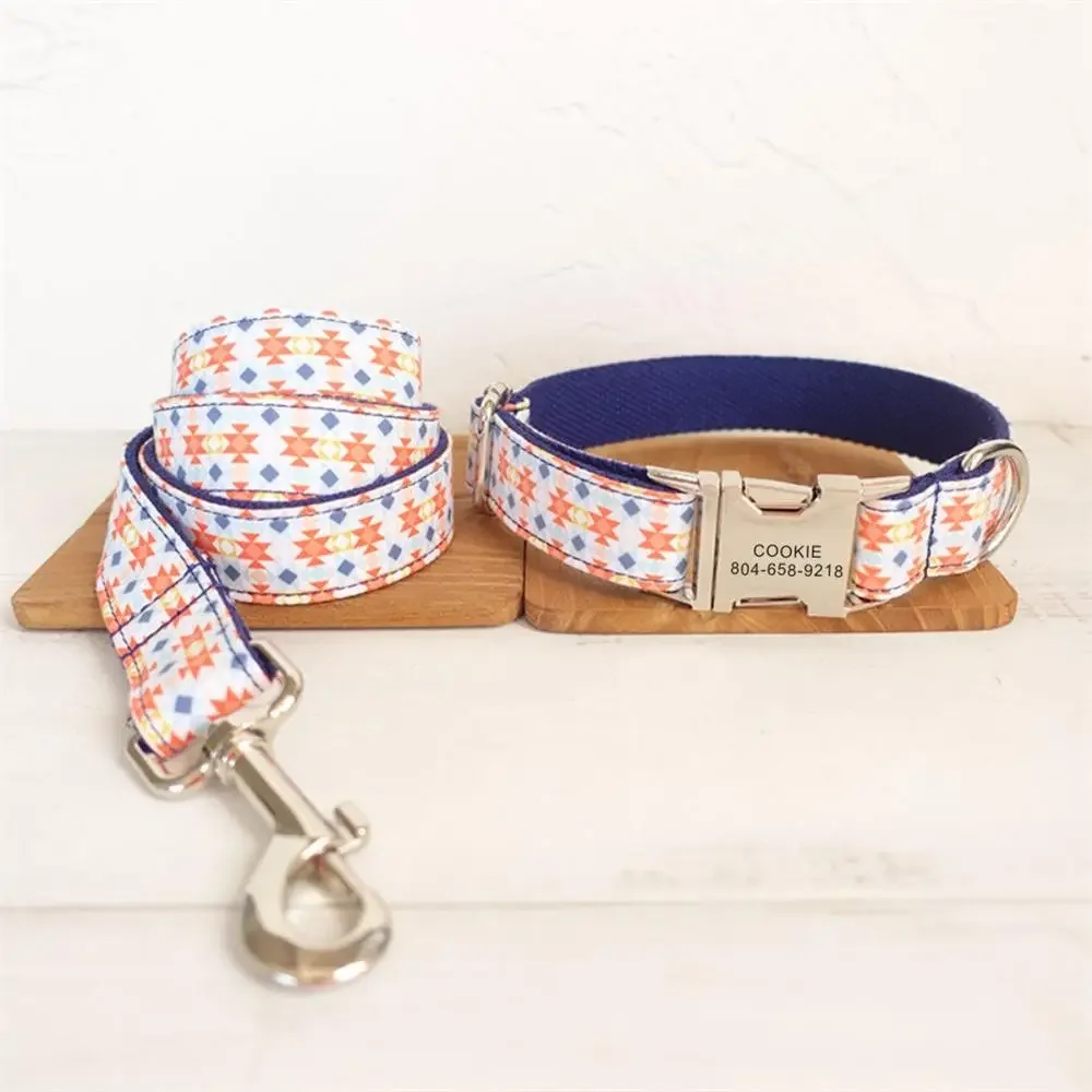 Personalized Dog Collar with Free Engraving, Matching Pet Leash,Customzied Contacts Metal Buckle, Geometry Pet Collar