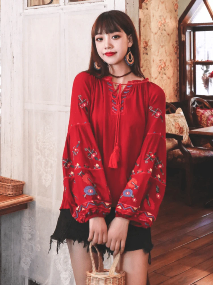 Autumn Women Blouse Indie Folk Embroidery Lace-Up Tassel O-Neck Lantern Sleeve Tops Loose Cotton Female Blusa Casual Shirts