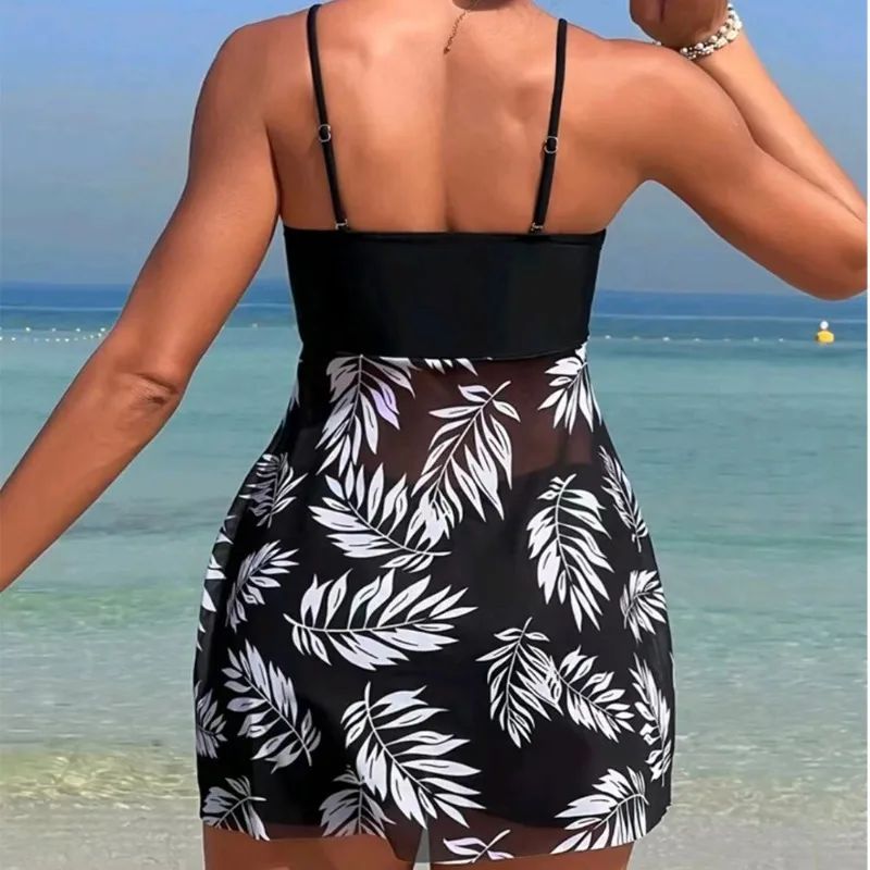 Summer Women's Short Dress+shorts Split Swimsuit Fashion Leaf Print Tube Top Sling Mini Dress Swimsuit Holiday Beach Party Dress