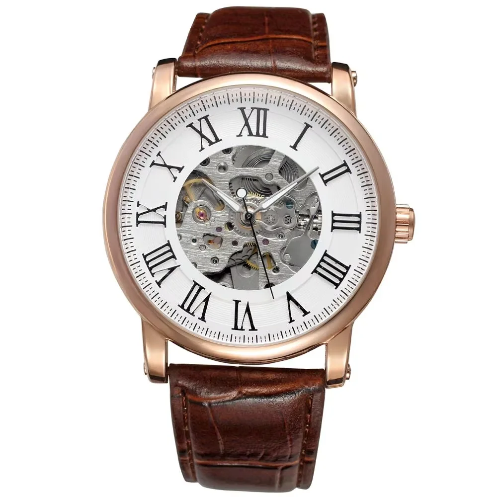 WINNER Fashion trend men's and women's watches brown leather strap watches automatic mechanical wrist watches