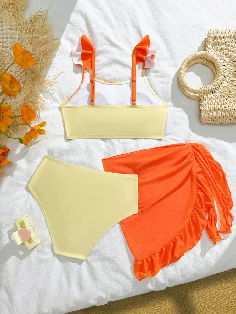 Bikini Girls Kids Swimsuit 2026 New Orange Flowers Ruffle Sling Children Swimwear Summer Three Piece Mesh Beachwear Bathing Suit