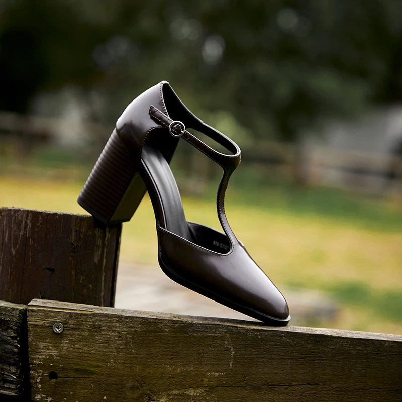 Genuine Leather T-Strap High Heel Pumps for Women