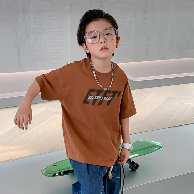 

Fashion Brand Loose Boys' Cotton Short SleeveTSummer T-shirt2024New T-shirts for Children Medium and Large Children Half Sleeve