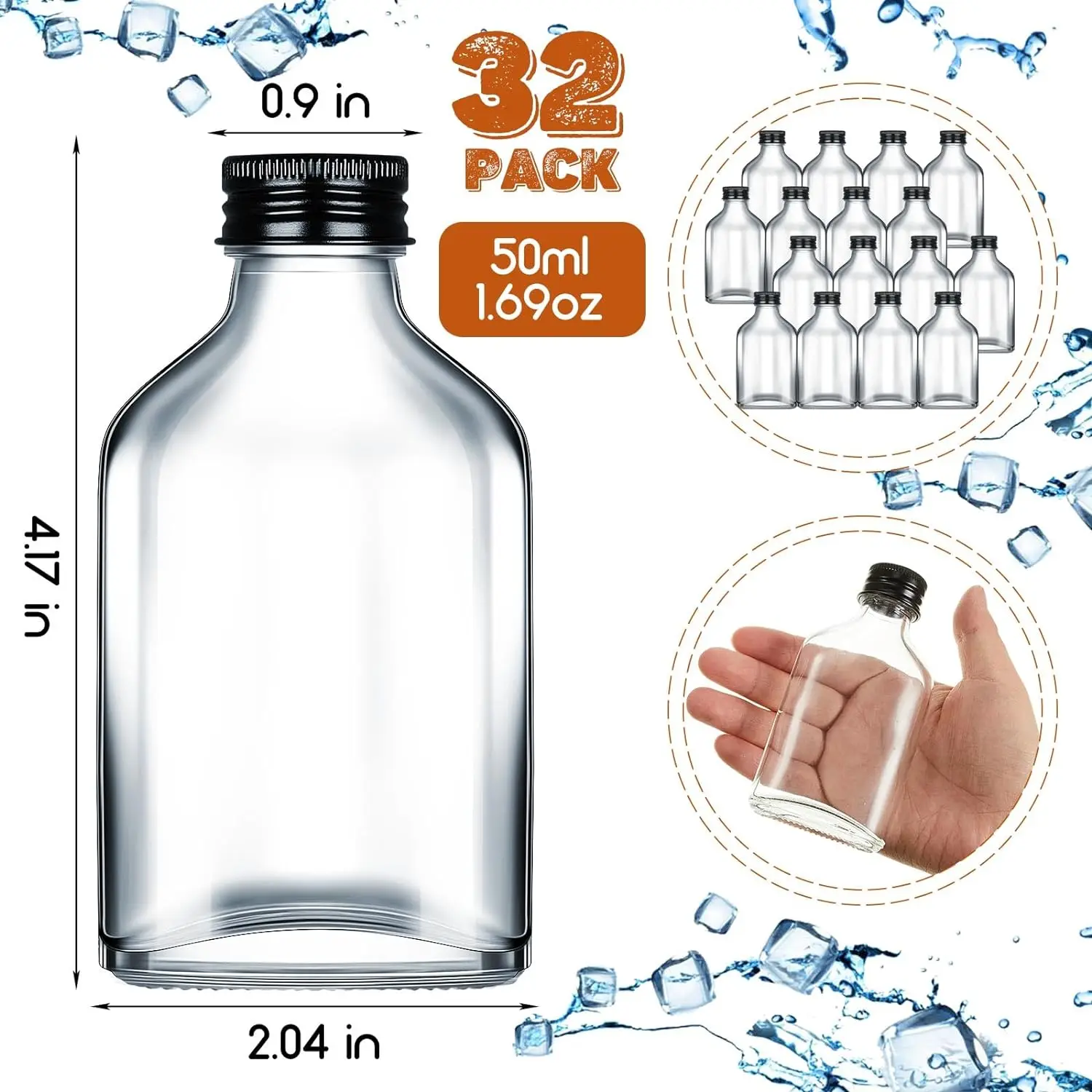 

Mini Liquor Bottles Glass Syrup Flask with Black Caps Clear Empty Alcohol Shot Bottles Small Champagne Container (50ml,32 Pcs)