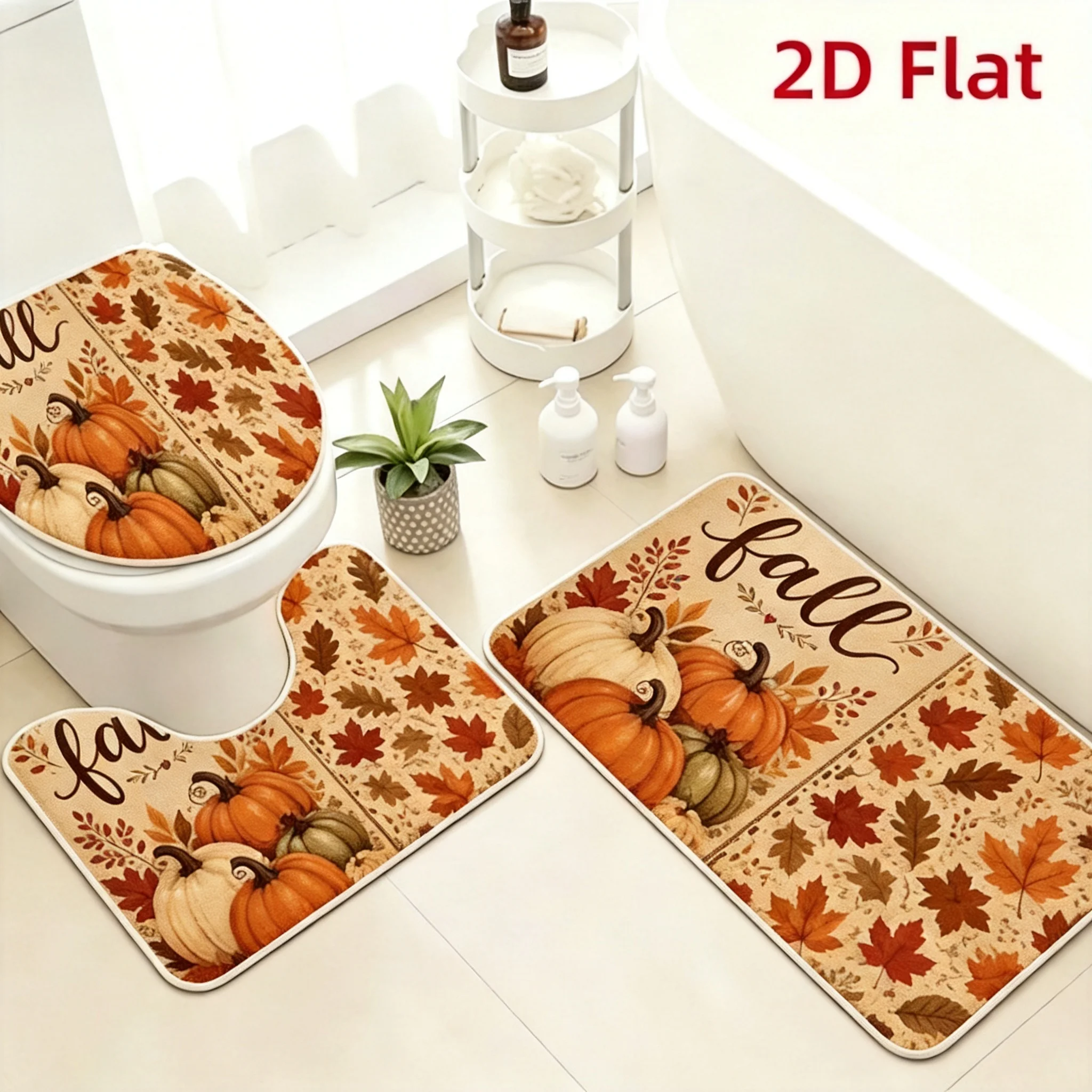 Fall Thanksgiving Pumpkin Maple Bathroom Rug Set, Non-Slip Water Absorbent Bath Mat & Toilet Seat Cover, Autumn Harvest Bathroom Decoration