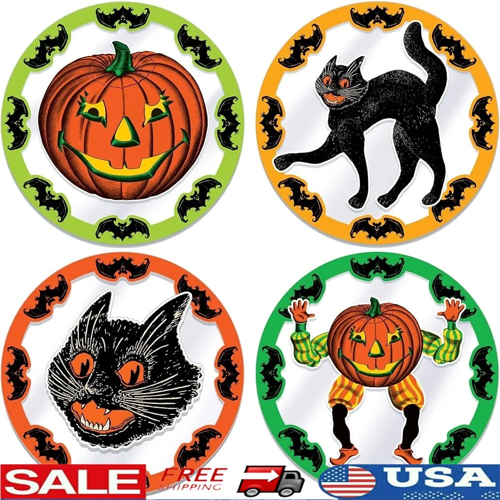 

Vintage Halloween Placemats 4 Pack 13 Inch Round Plastic Table Decor Nostalgic Party Tableware Easy Clean Durable