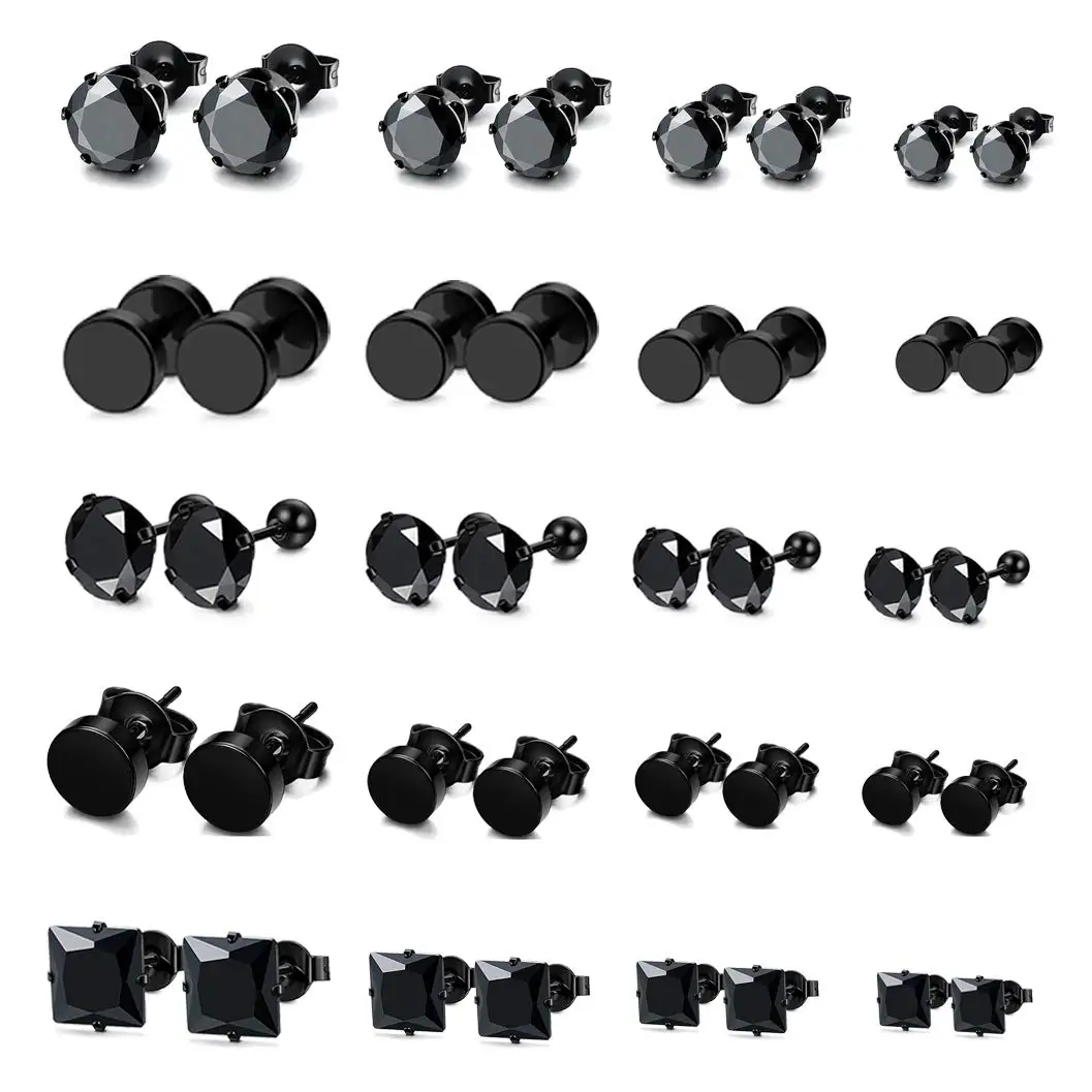 20 Pairs Black Stainless Steel Round Square CZ Inlaid Stud Earrings Double-Sided Screw Back Ear Stud Jewelry for Men Women