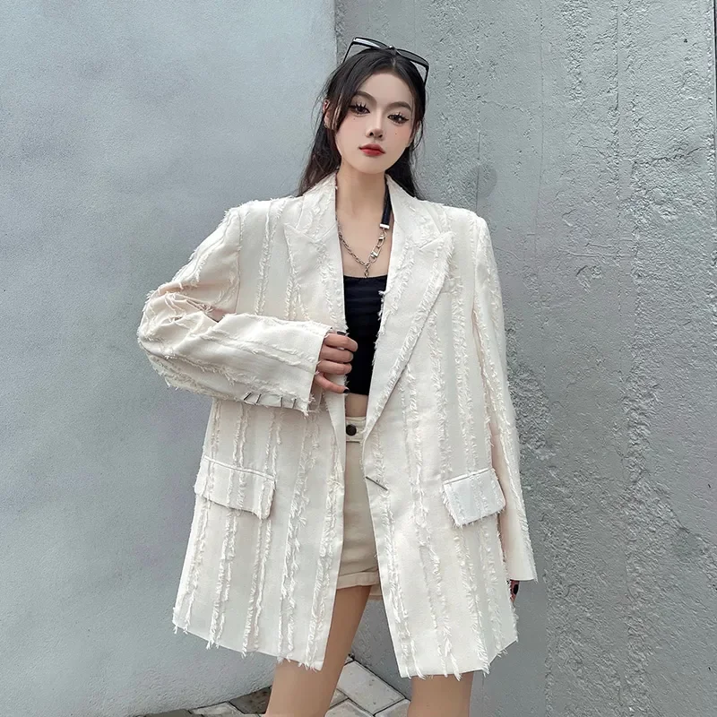 Spring Autumn Sense Of Design Suit Jacket Women 2024 New Fashion Loose Casual Coat Tassels Pure Colour Black Blazer Female