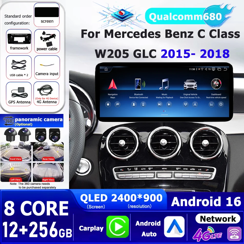 Car Video Multimedia Wireless Carplay Android 16 WIFI For Benz C Class W205 GLC 2015 - 2018 Player QLED Screen GPS Navi BT DSP