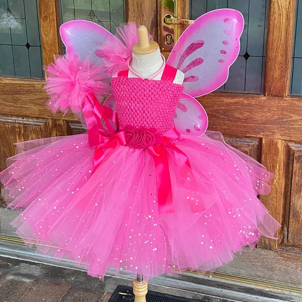 Baby Girls Pink Butterfly Fairy Dress Kids Glitter Tulle Dress Outfit Children Birthday Halloween Christmas Costumes Party Dress