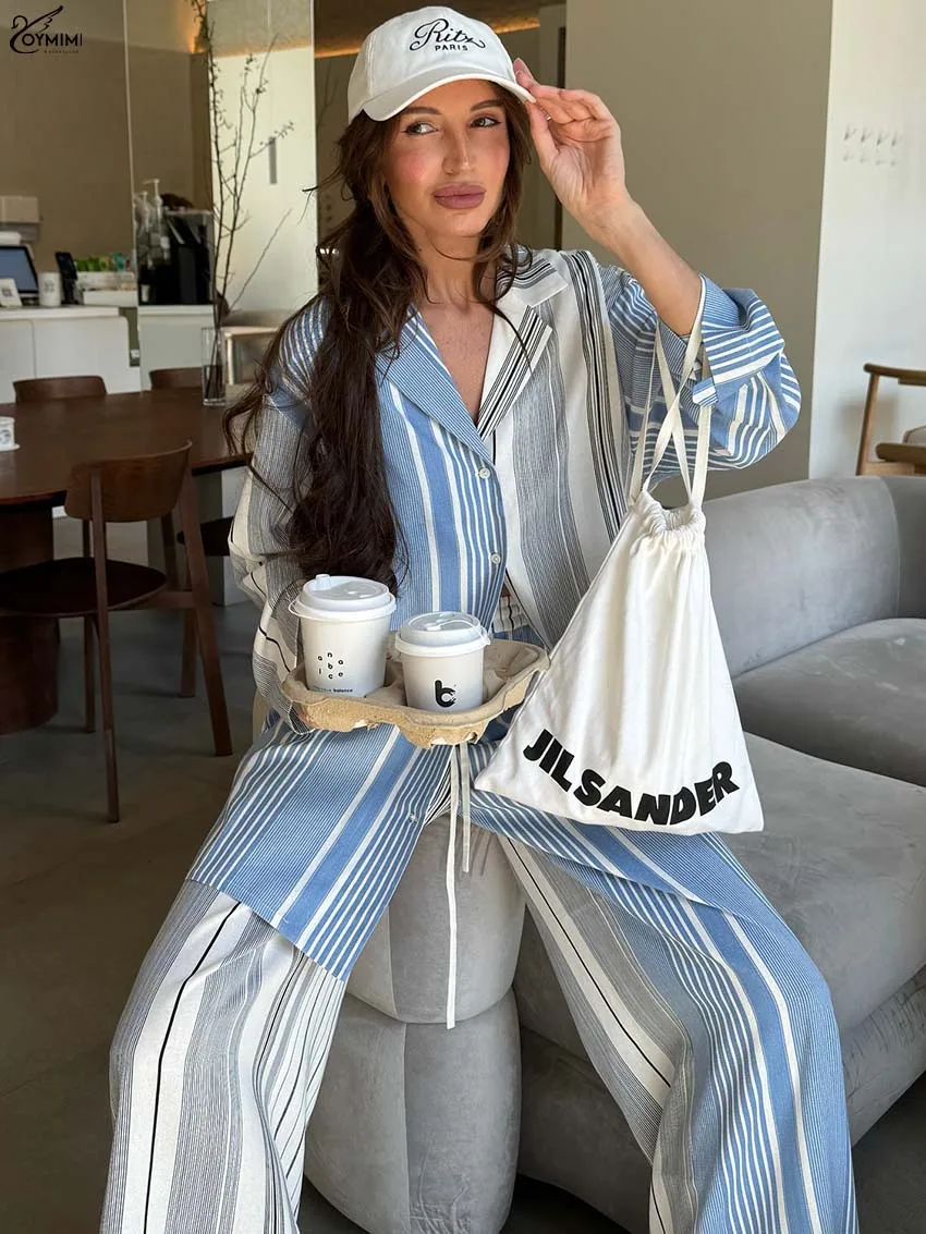 

Oymimi Fashion Blue Print 2 Pieces Set For Woman Eleagnt Lapel Long Sleeve Single Breasted Shirts And Drawstring Trousers Sets