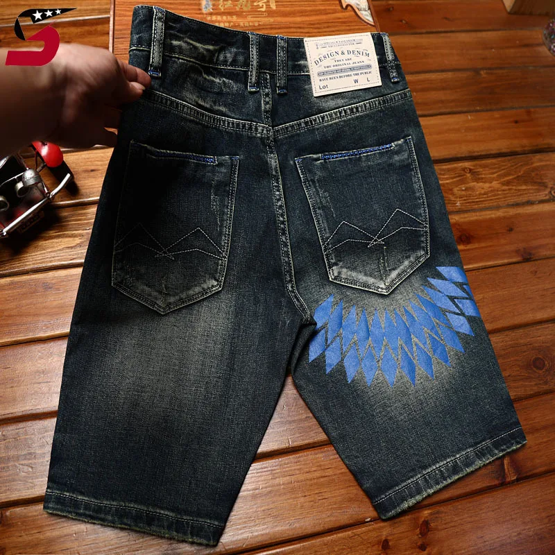 

2024new retro biker's denim shorts men's fashion printed stretch slim fit hole & patch fashion brand high-end fifth pants