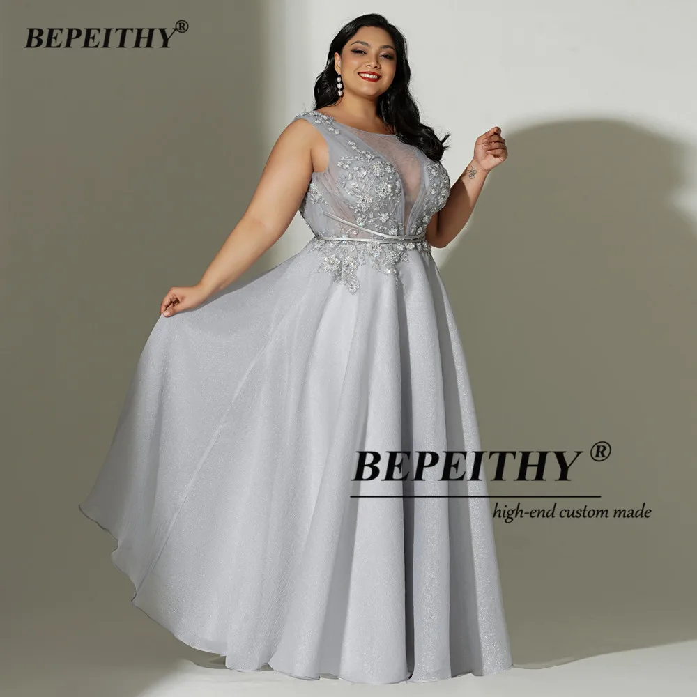 Bepeithy Grijs Lange Avondjurken Mouwloze Voor Curve Vrouwen Sexy Open Back Een Lijn Plus Size Prom Formele Gown 2022 lente Jurk