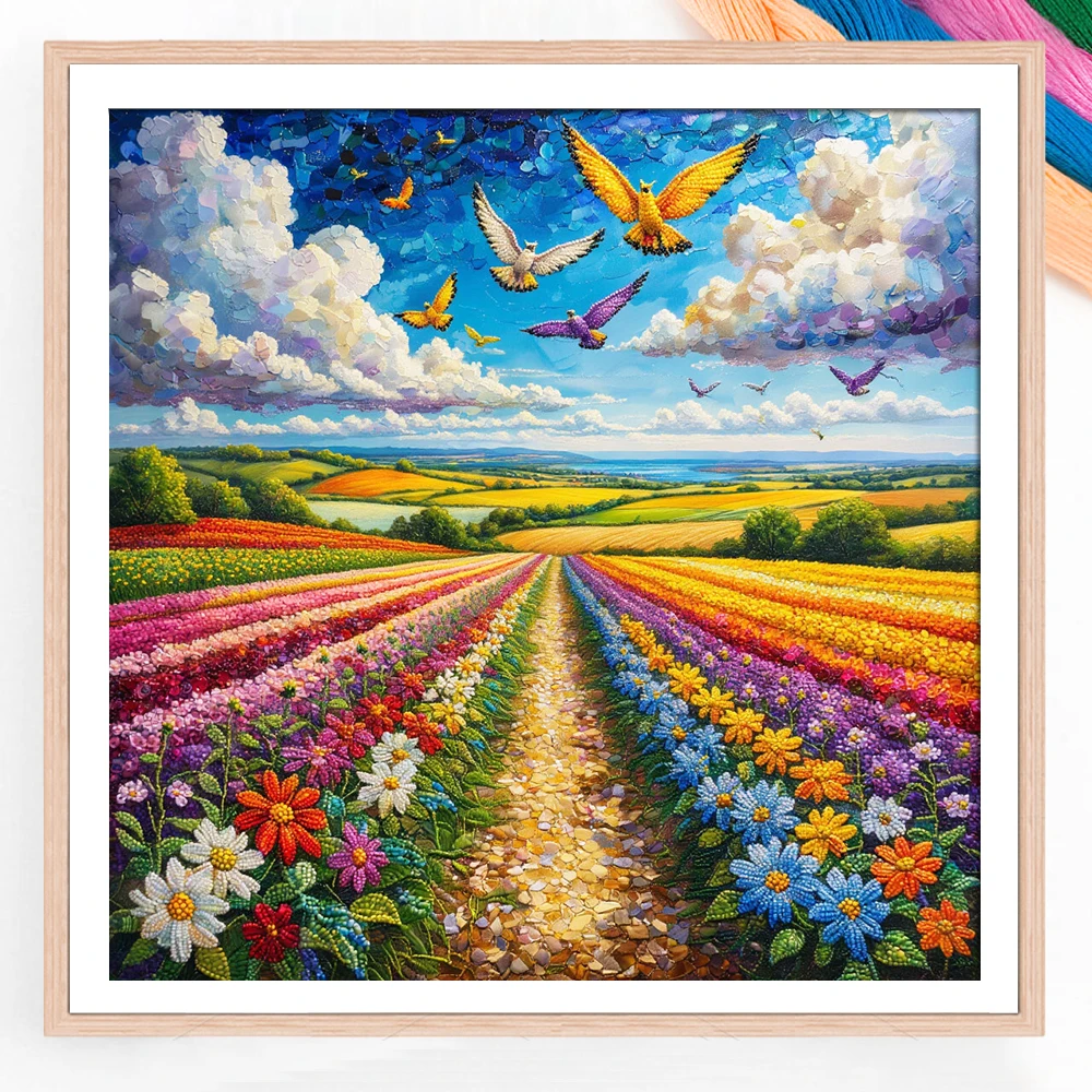 New Cross Stitch Bees Daisy Rainbow Fields Birds Wilderness Landscape 11ct Needlework Full Embroidery Printed Canvas Gift