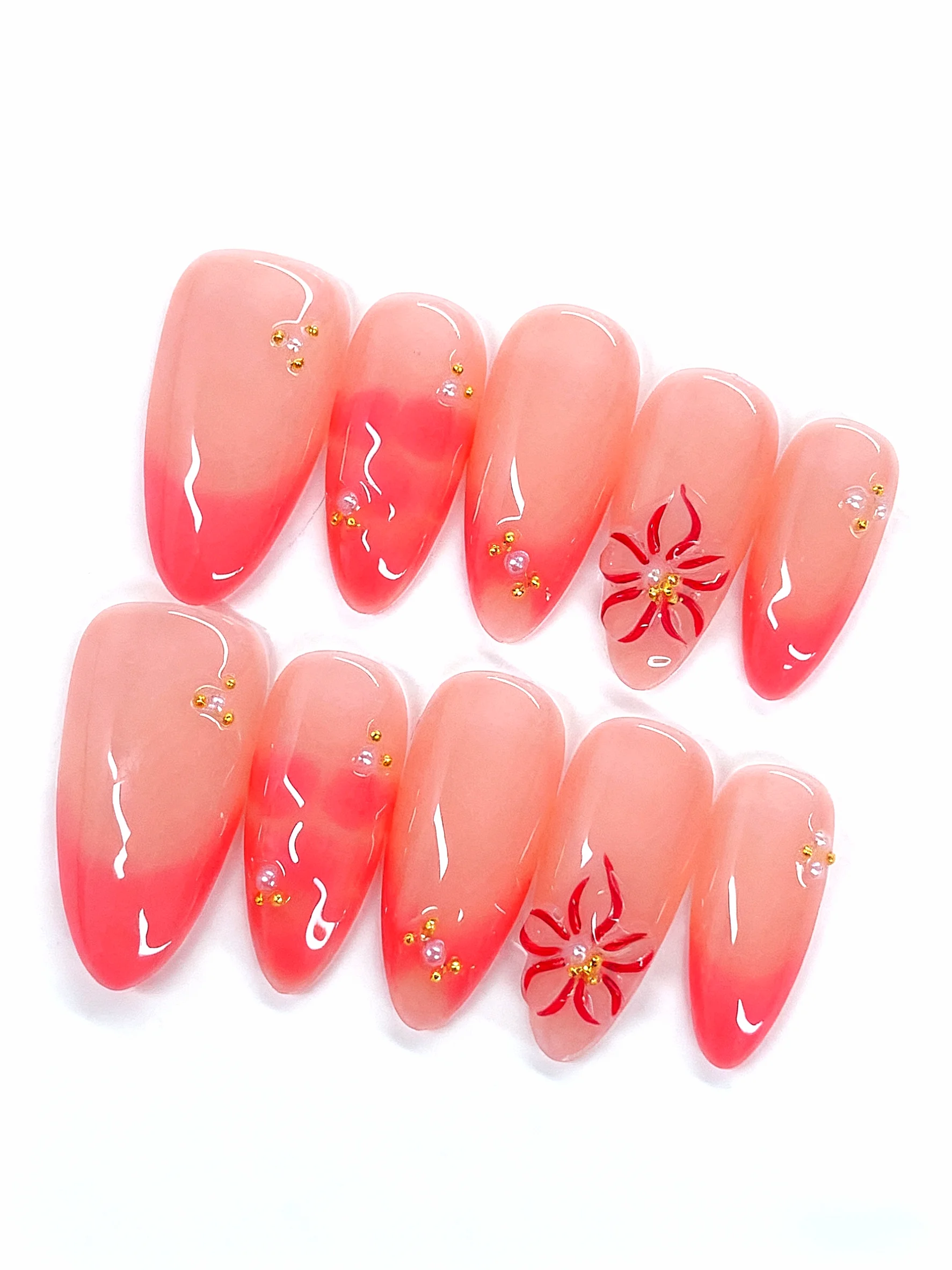 

Elegant Red Flower Press on Nails - Pink Ombre & Gold Details（D528）