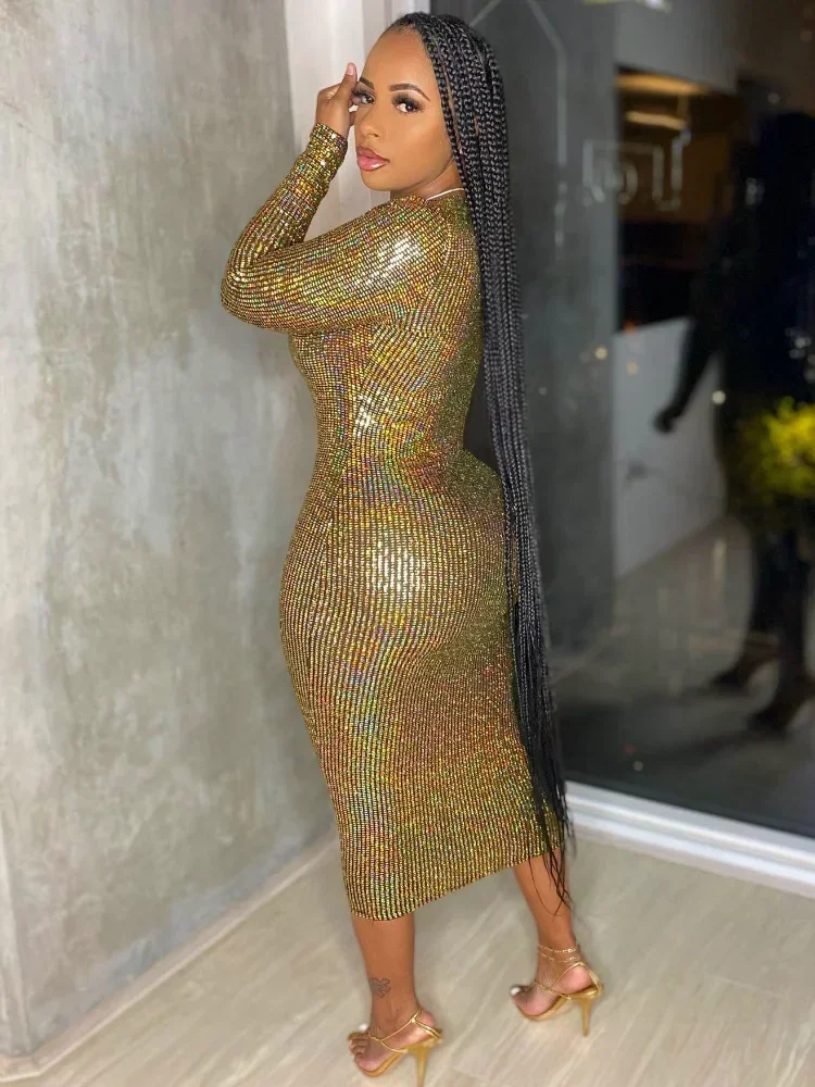 GUWU البرنز كم طويل التفاف العميق الخامس الرقبة Bodycon ميدي فستان المرأة Vestidos مثير نحيل ليلة حفلة موسيقية فساتين كلوبوير