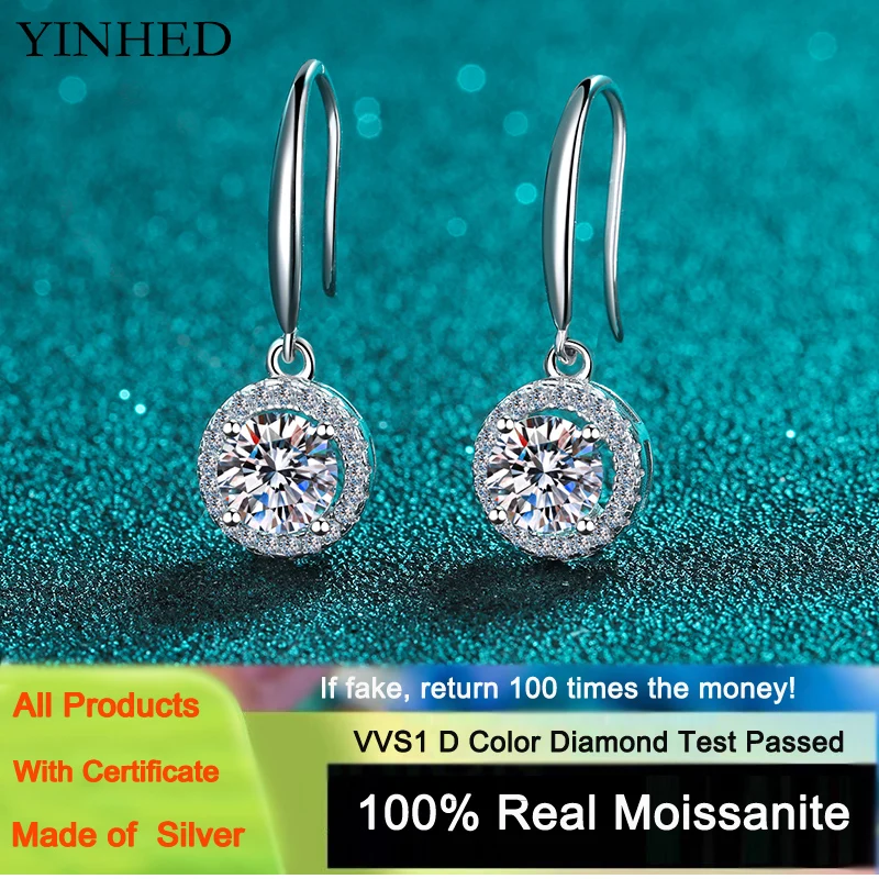 

YINHED 1.0ct Round Moissanite Diamond Earring 100% Real 925 Sterling Silver Wedding Drop Earrings for Women Promise Jewelry Gift