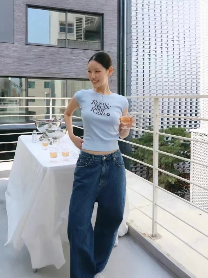 Summer Japanese and Korean fashion casual cotton women's top, short-sleeved T-shirt, letter print slim short RR clothing