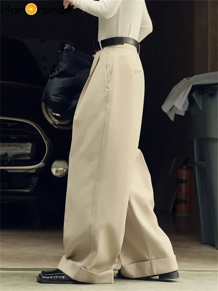 HanOrange 2026 Spring Simple High Waist Wide Leg Pants Women Loose Casual Trousers Female Black/Light Khaki