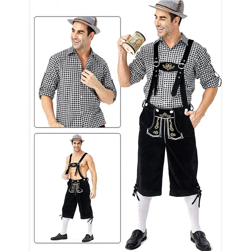 Germany Oktoberfest Costumes Adult Men Traditional Bavarian Beer Shorts Outfit Overalls Shirt Hat Suspenders Set Halloween Cloth