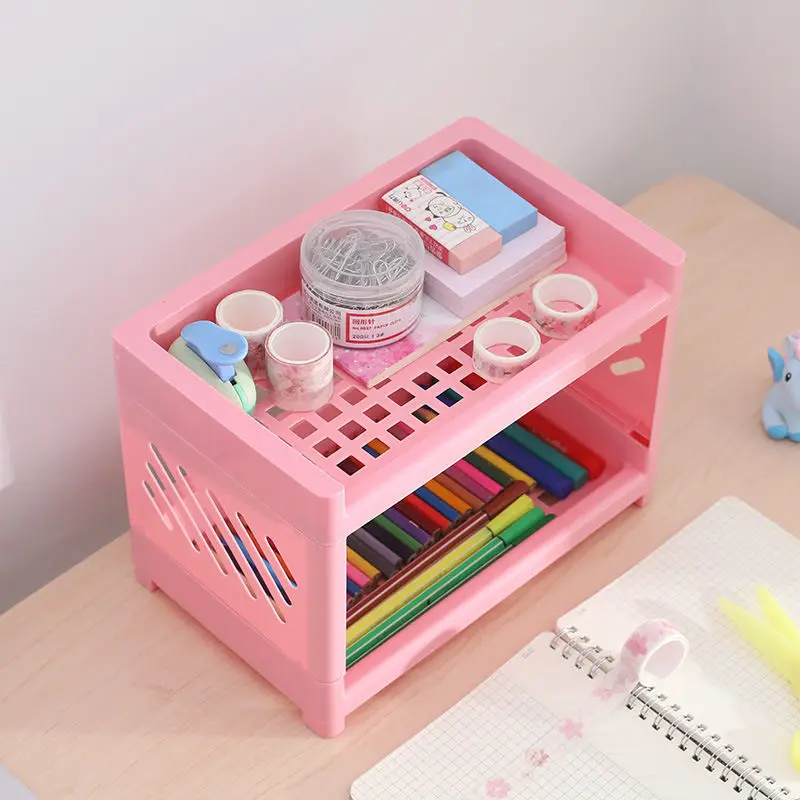 

2 Layer Kawaii Minimalist Desk Desktop Organizer Storage Rack Student Dormitory Hollow Shelf Skin Care Storage Shelf New Cute