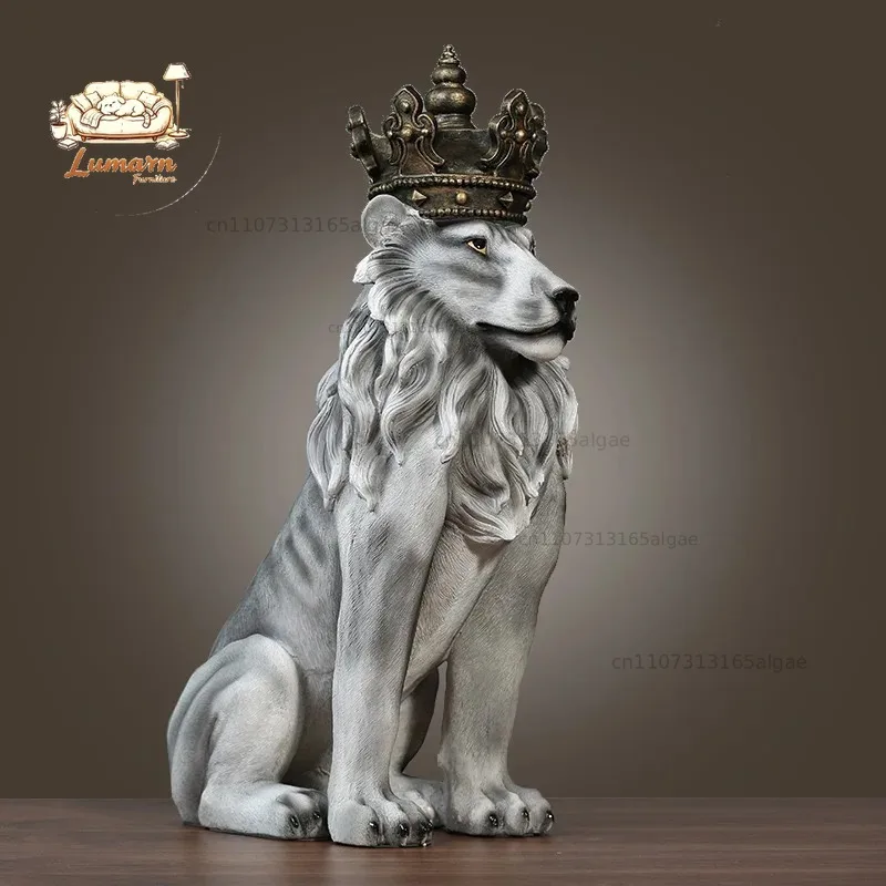 Modern Home Decor Crown Lion Sculpture Large Size Animal Model Figurine Resin Crafts Living Room Store Floor Decoration Statue