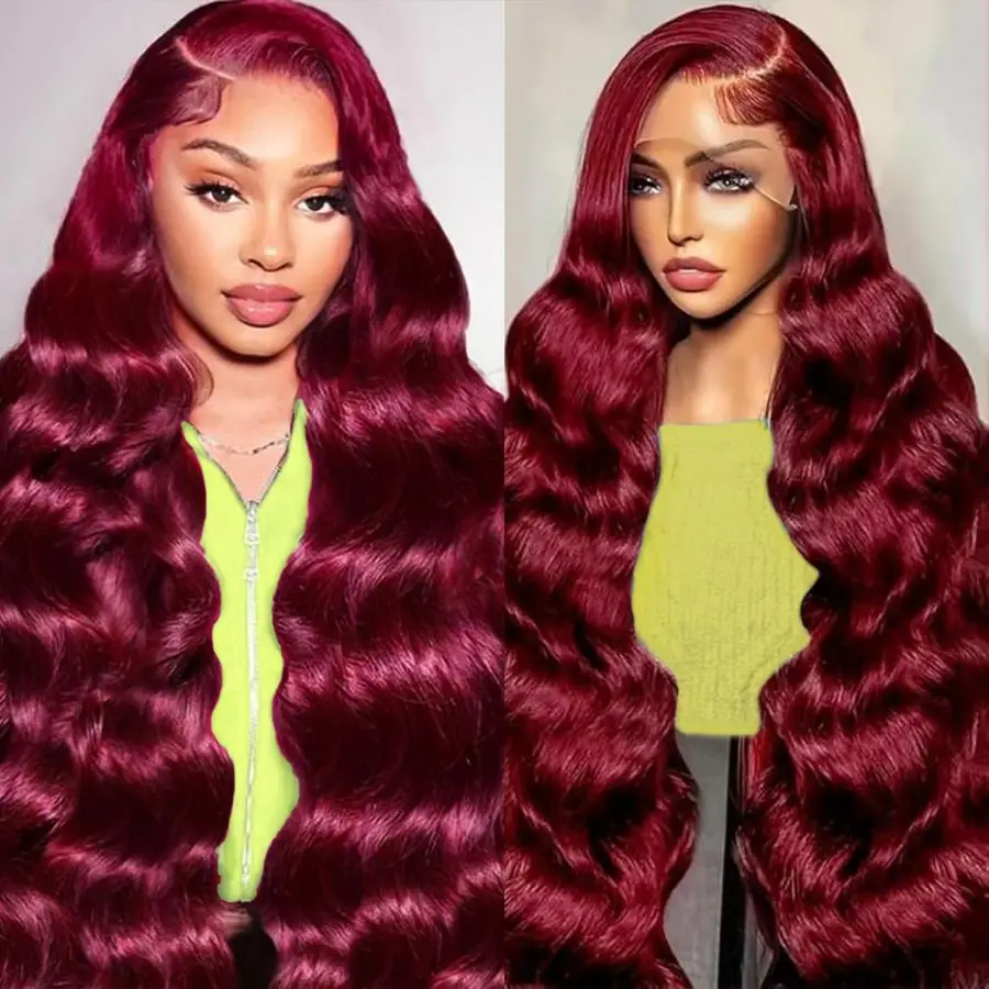 

Inch 99J Burgundy 13x4 HD Transparent Lace Body Wave Lace Front Wigs Human Hair Pre Plucked 200 Density Lace Frontal Human Hair