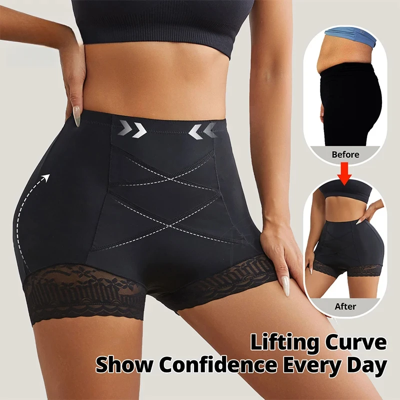 Braga pantalón de protección de encaje para mujer, pantalones antifricción de cintura alta, bragas moldeadoras cruzadas de barriga, lencería suave para realzar la cadera debajo del vestido