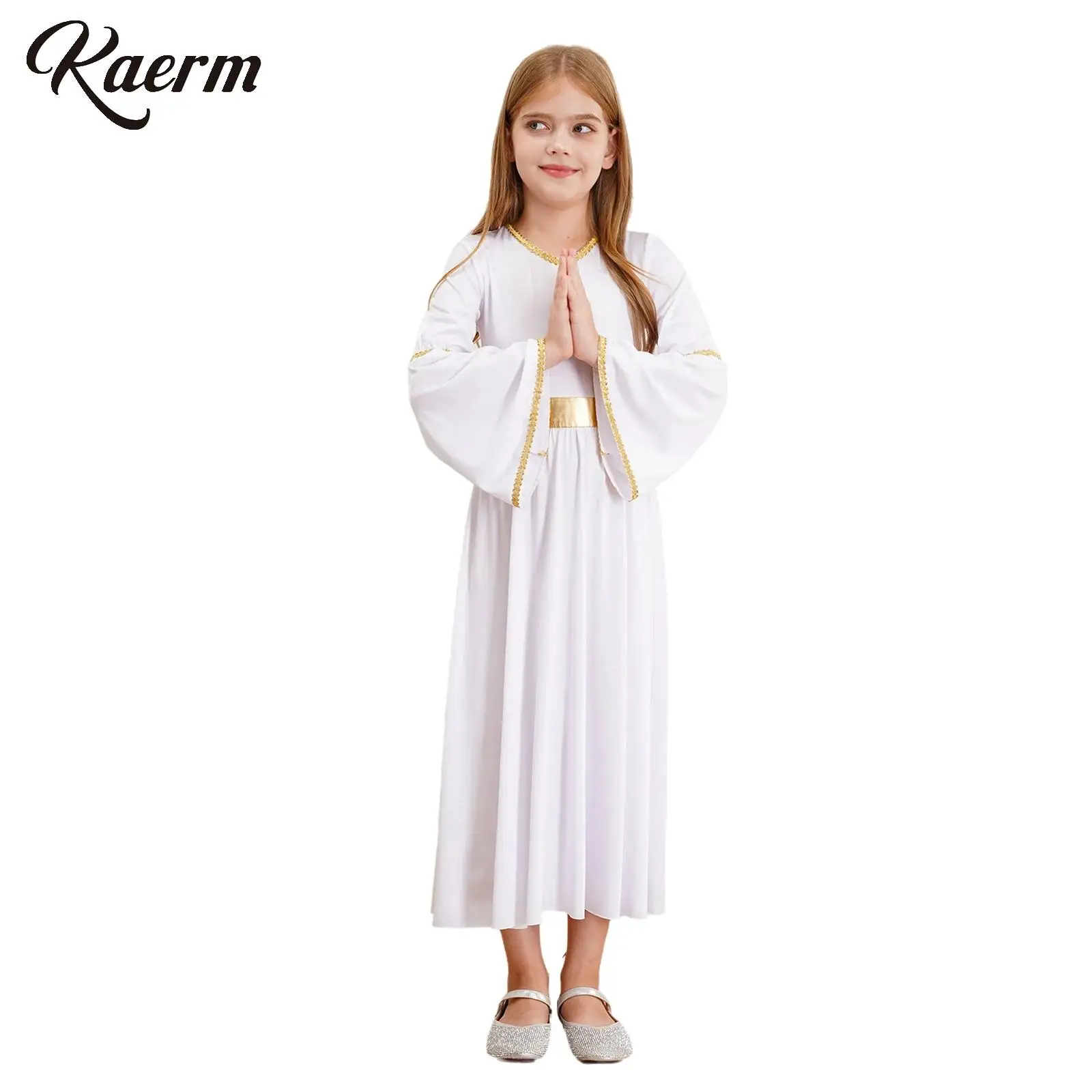 Kids Girls Halloween Angel Cosplay Costume Long Sleeve Gold Trim Patchwork Solid Color Gown Dress Novel Family Matching Outfits