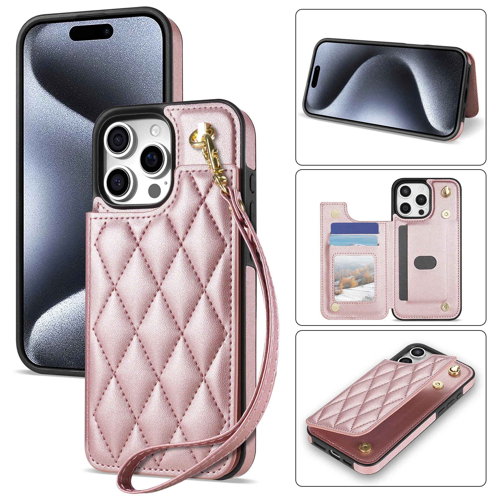 

Card Pocke Flip Wallet Holder Leather Cover For iPhone 16 15 14 13 12 11 XS Pro Max X XR Plus SE Wristband/Lanyard Phone Case