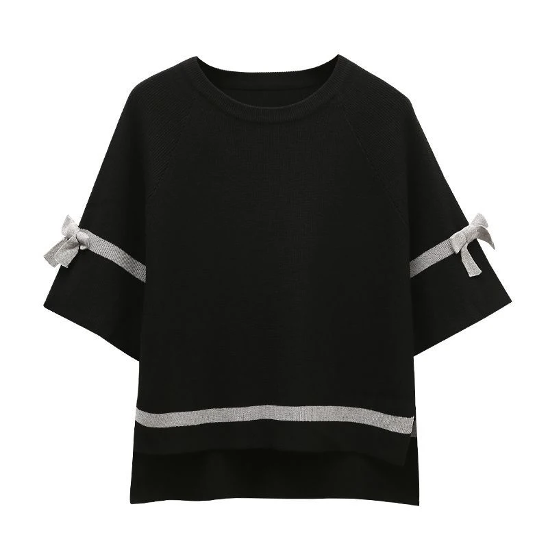 Spring Summer Oversized Elegant Fashion Bow Knitted Pullover T-shirt Tops Women Flare Half Sleeve Temperament All-match Tees