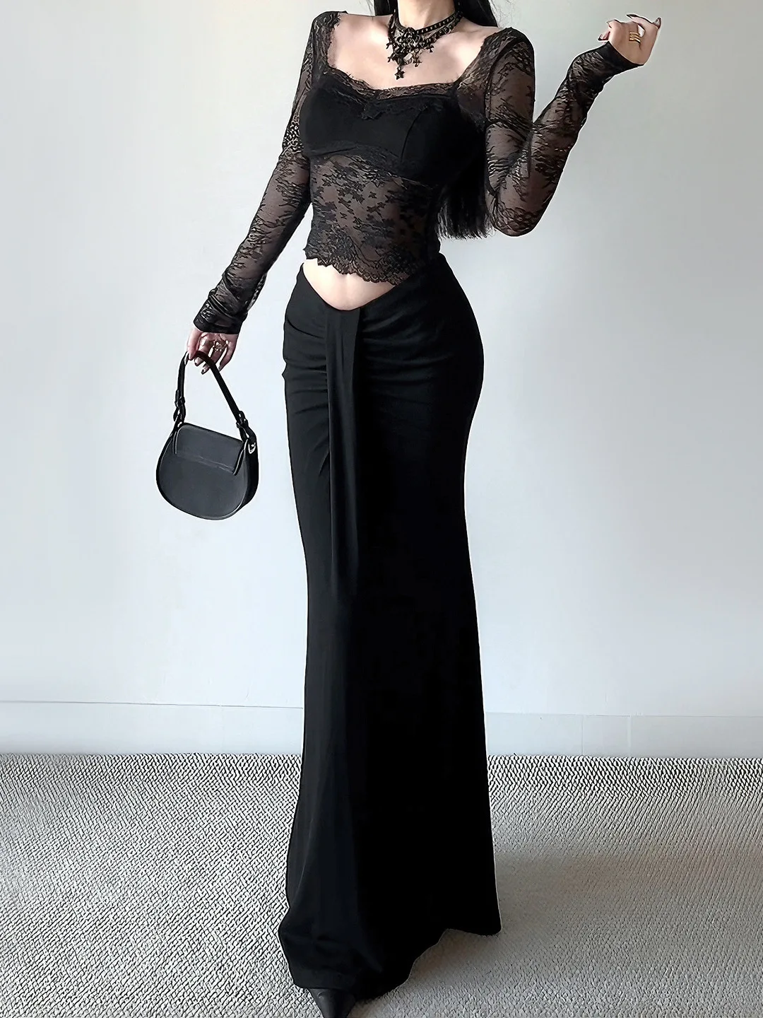 

Elegant Black 2-piece Set Evening Skirt For Women Square-neck Lace Long-sleeve Tops Ribbon Slim Bodycon Mermaid Skirt Prom Gown