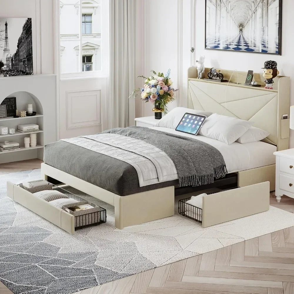 

Full Bed Frame with 3 Drawers & Storage Headboard，Charge Station，Support Slats No Box Spring Needed Easy Assembly，Bed Frame