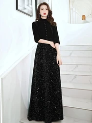 Customized Black Velvet Modest Evening Dresses High Neck Floor-Length Shiny Sequin Women Formal Gowns For Cocktail Party Dress