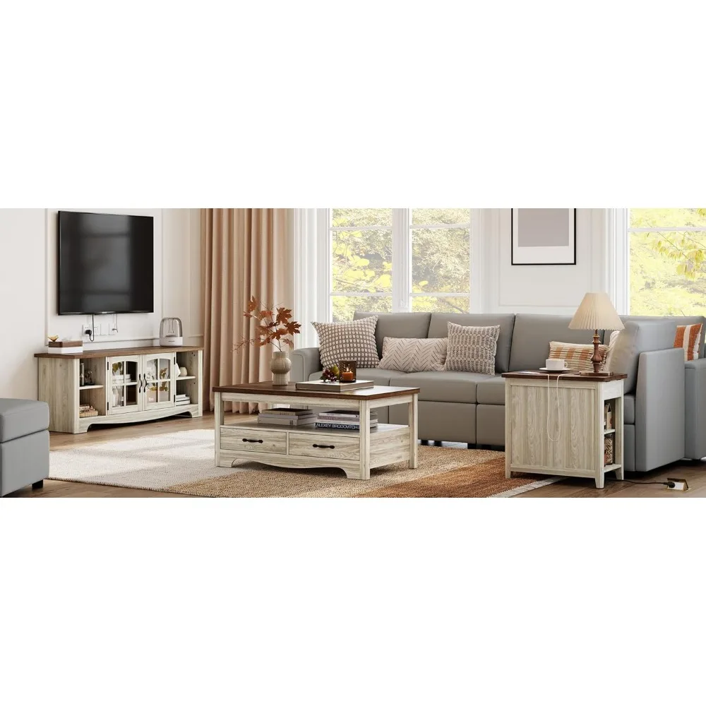 4-piece Living Room Set with TV Stand, Double Headed Table with Charging Station and Drawers, Living Room Set