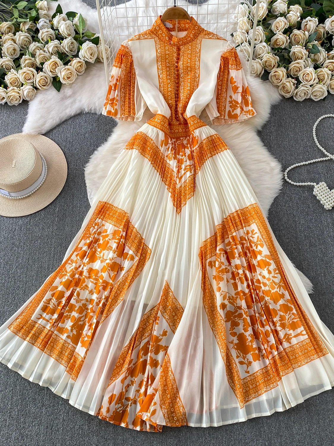 Retro Print Stand Collar Short Sleeve Long Dress Women's Summer Korean Style Button Waist Cinching Slim A-Line Skirt Dress